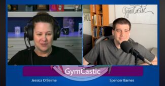A screenshot of GymCastic's Spencer Barnes and Jessica O'Beirne recording an episode of the podcast. They are shown side-by-side on separate feeds, and a banner reading "GymCastic" is displayed below their feeds.
